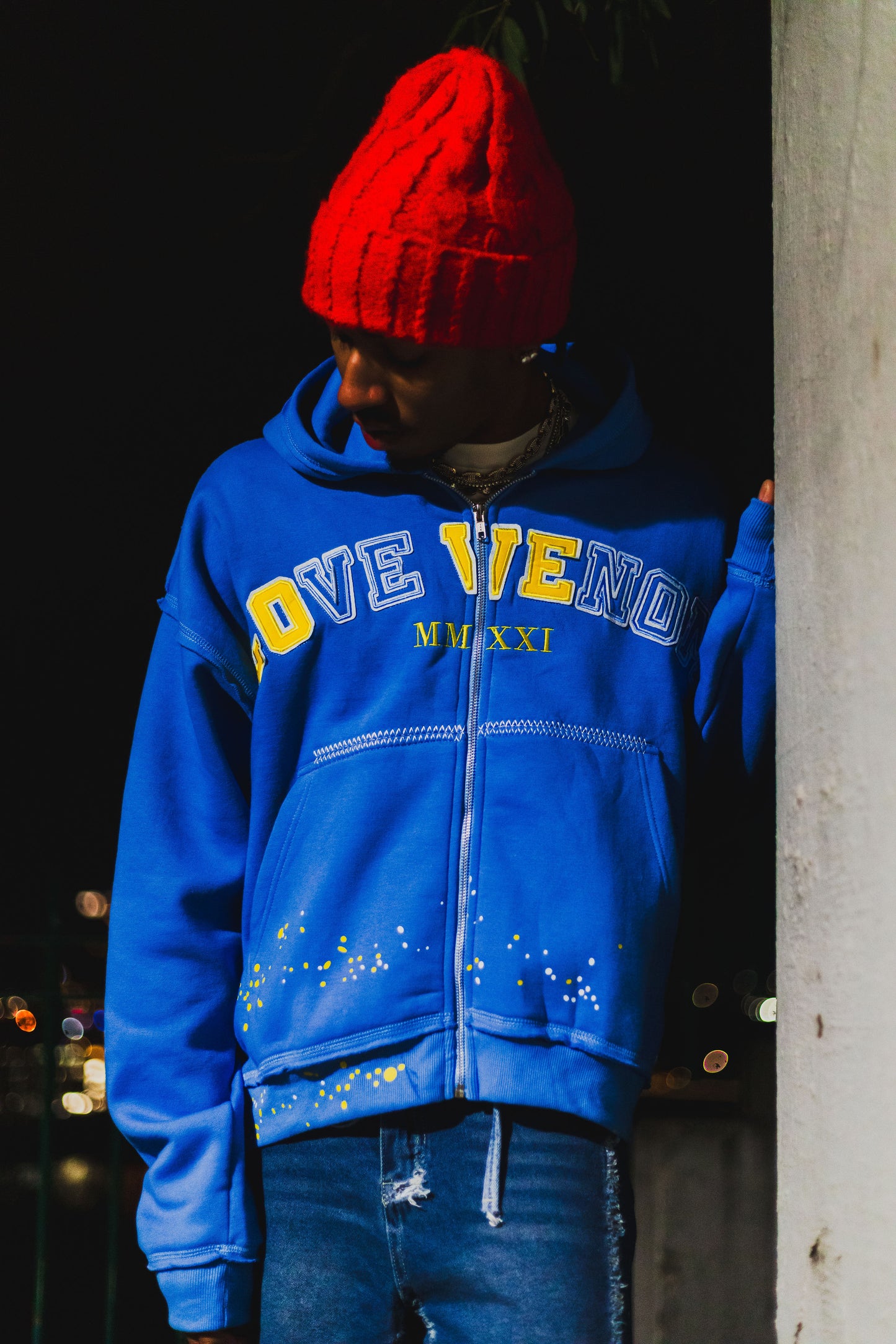 Blue “Caution” Zip-Up Hoodie