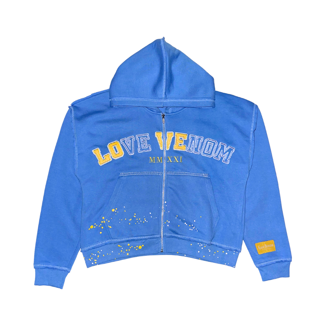 Blue “Caution” Zip-Up Hoodie