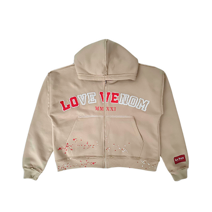 Tan “Caution” Zip-Up Hoodie