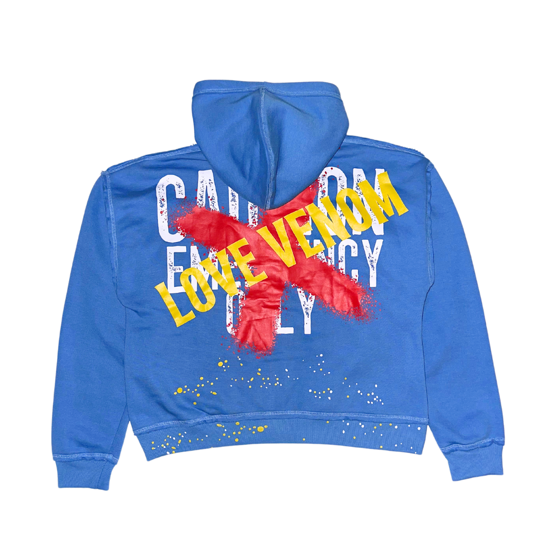 Blue “Caution” Zip-Up Hoodie