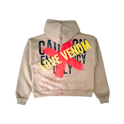 Tan “Caution” Zip-Up Hoodie