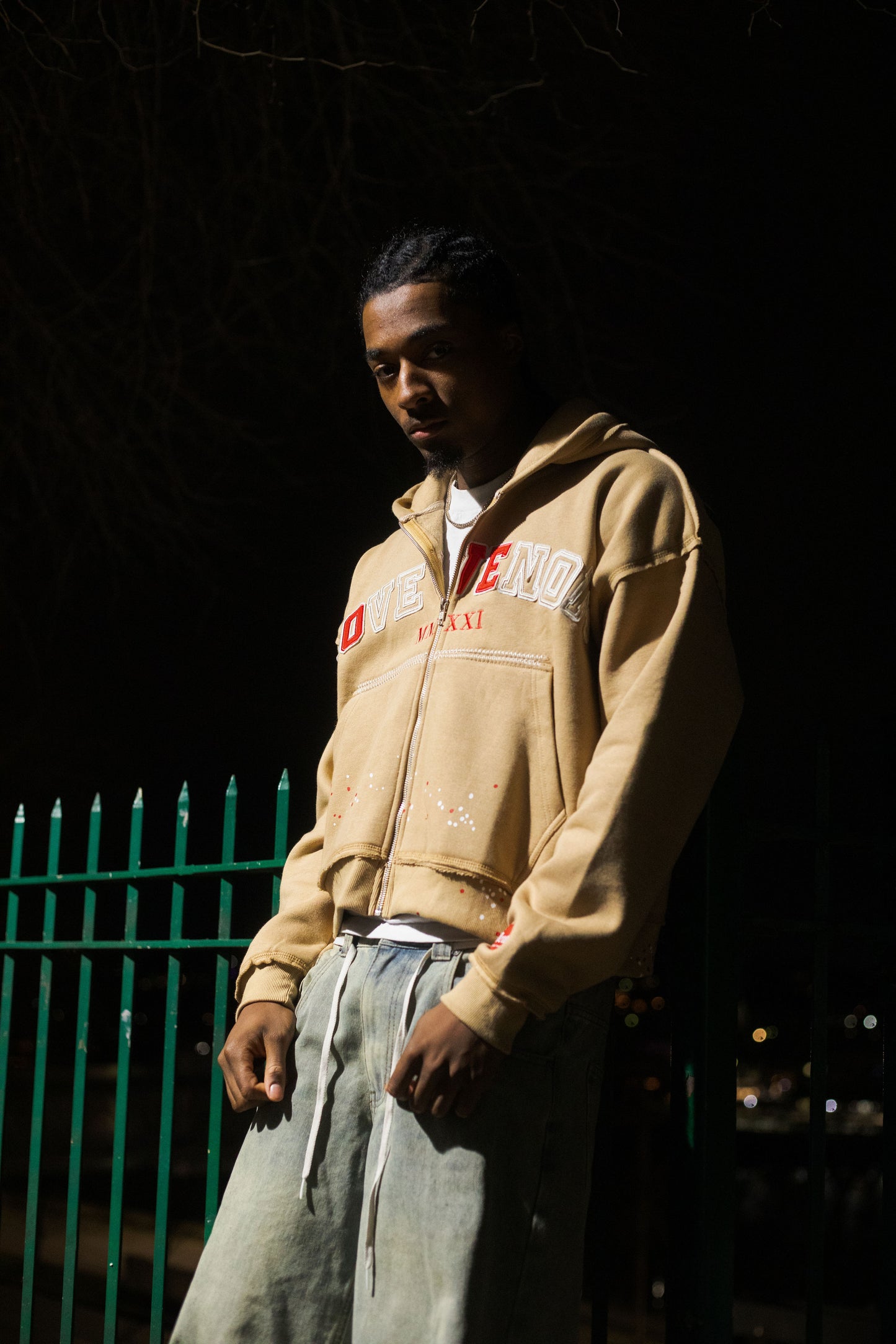 Tan “Caution” Zip-Up Hoodie